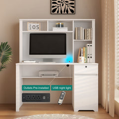Computer Desk with Hutch & Bookshelf,Wood Executive Desk Teens Student Desk Writing Laptop Home Office Desk with Drawers,3 AC Outlets and 2 USB Charging Ports,Study Laptop Table for Home(White)