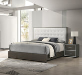 1pc Contemporary Upholstered King Size Panel Bed Button Tufted Headboard Wooden Bedroom Furniture White Cream Gray
