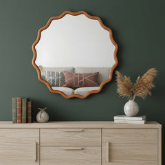 Yellowish Brown 36 inch Wavy Round Solid Wood Frame Decorative Mirror,For Bedroom, Bathroom, Living Room, Entryway