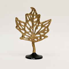 Aluminum Golden Maple Leaf Accent on Black Base – Stylish Table Décor Sculpture-11.5x5.5x16"