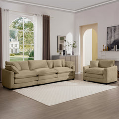 Mid-Century Modern Sectional Set of Two, One 3-Seater Sectional and One Single-Seater Sectional with 2 Arm Pillows and 4 Throw Pillows, Living Room Sectional Tan Corduroy Fabric