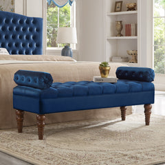 Velvet Long bed Bench for Bedroom,Upholstered Window Bench with Tufted Button,Entryway Bench,Bolster Bench for Living Room-Navy