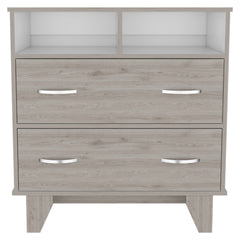 Portanova Two Drawer Dresser, Two Open Shelves, Superior Top, Four Legs -Light Gray / White