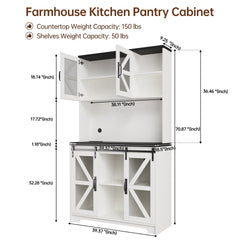 Pantry Cabinet for Living Room, 71" Farmhouse Wooden Kitchen Microwave Stand Hutch with Storage, Charging Station and LED Lights, White