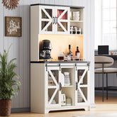 Pantry Cabinet for Living Room, 71" Farmhouse Wooden Kitchen Microwave Stand Hutch with Storage, Charging Station and LED Lights, White