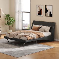 Queen Size Upholstered Bed Frame, Pu Leather Platform Bed with Wave-Like Curve Design and Trapezoidal-Shaped Leg, No Box Spring Needed, Black