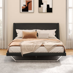 Queen Size Upholstered Bed Frame, Pu Leather Platform Bed with Wave-Like Curve Design and Trapezoidal-Shaped Leg, No Box Spring Needed, Black