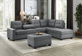Modern Living Room 3-Piece Sectional Reversible Sofa Chaise Storage Ottoman Tufted Detail Dark Gray Microfiber Upholstered Drop-Down Cup-holder Solid Wood Frame Furniture