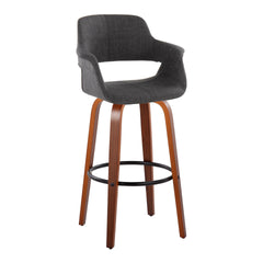 Vintage Flair 30" Mid-Century Modern Fixed-Height Barstool with Swivel in Walnut Wood and Charcoal Fabric with Round Black Metal Footrest by LumiSource - Set of 2