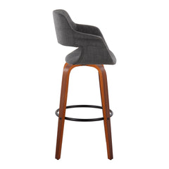 Vintage Flair 30" Mid-Century Modern Fixed-Height Barstool with Swivel in Walnut Wood and Charcoal Fabric with Round Black Metal Footrest by LumiSource - Set of 2