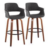 Vintage Flair 30" Mid-Century Modern Fixed-Height Barstool with Swivel in Walnut Wood and Charcoal Fabric with Round Black Metal Footrest by LumiSource - Set of 2