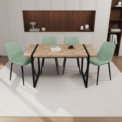 59" MDF light wood dining table and modern dining chair 4-piece set, medieval wooden kitchen dining table set, rectangular metal base, dining table and suede chair
