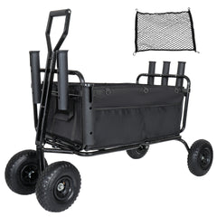 Fishing Cart Beach Cart Collapsible Wagon 9.85'' All-Terrain Wheels for Sand, Heavy Duty Garden Cart with Rod Holders,Umbrella Holder and Storage Pockets, 550lb Large Capacity, Black