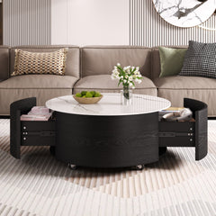 Modern Round Movable Coffee Table with Casters, 2 Drawers, Marble Pattern Sintered Stone Top, Black, 29.5"