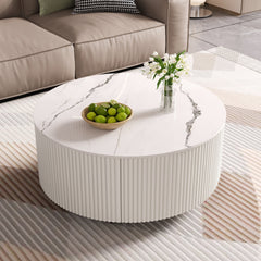 Modern Round Movable Coffee Table with Casters, 2 Drawers, Marble Pattern Sintered Stone Top, White, 29.5"