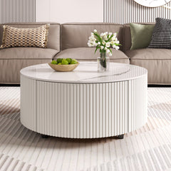 Modern Round Movable Coffee Table with Casters, 2 Drawers, Marble Pattern Sintered Stone Top, White, 29.5"