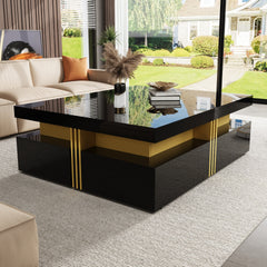 Modern Glossy Square Storage Coffee Table with 4 Drawers, 43.3", Black