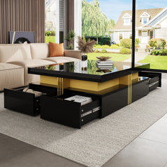 Modern Glossy Square Storage Coffee Table with 4 Drawers, 43.3", Black
