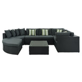 GO 7-piece Outdoor Wicker Sofa Set, Rattan Sofa Lounger, With Striped Green Pillows, Conversation Sofa, For Patio, Garden, Deck, Black Wicker, Gray Cushion