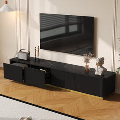 ON-TREND Luxury Fluted TV Stand for TVs Up to 85", Faux Marble Tabletop Media Console with 4 Drawers, Curved Profile Design, Modern Entertainment Center with Gold Base for Living Room, Black