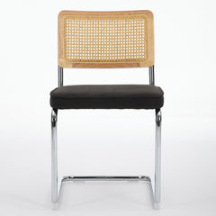 Mid Century Modern Dining Chairs Set of 2, Velvet Accent Chairs with Natural Cane Back & Stainless Chrome Base, Famous Breuer Designed Chairs, Upholstered Rattan Kitchen Chairs,Black color,SW1851BK