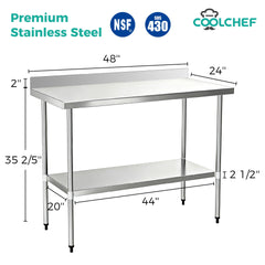 24" x 48" 18-Gauge Stainless Steel Commercial Work Table with 4" Backsplash and Undershelf