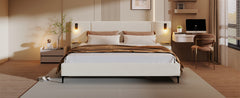 Chic Boucle Upholstered Bed with Integrated Lights and Shelves, White, King
