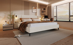 Chic Boucle Upholstered Bed with Integrated Lights and Shelves, White, King