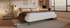 Chic Boucle Upholstered Bed with Integrated Lights and Shelves, White, King