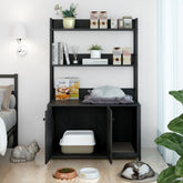 Large Cat Litter Box Enclosure With Shelf Storage, Hidden Cat Washroom Furniture, Wooden Cat House With Scratch Pad, Sturdy Indoor Cat Cabinet With 2 Doors(Black)