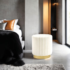 Contemporary Style 1pc Round Accent Stool Gold Base Stainless Steel Fur Fabric Beige Finish Primary Living Room