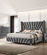 Bedroom Wingback Headboard 1pc Queen Size Bed Furniture Gray Fabric Upholstered Unique Beautiful Bed