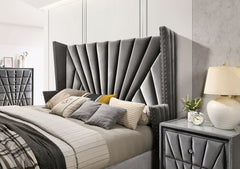 Bedroom Wingback Headboard 1pc Queen Size Bed Furniture Gray Fabric Upholstered Unique Beautiful Bed