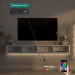 Floating TV Stand, Wall Mounted TV Shelf with Led Lights & Power Outlet,High Gloss TV Cabinet for White tv Stands for Living Room