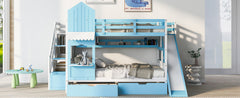 Full-Over-Full Castle Style Bunk Bed with 2 Drawers 3 Shelves and Slide - Blue(OLD SKU:LT000558AAC-2)