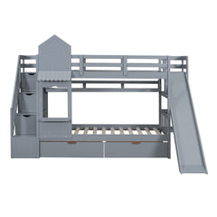 Twin-Over-Twin Castle Style Bunk Bed with 2 Drawers 3 Shelves and Slide - Gray(OLD SKU:LT000559AAE-2)