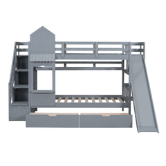 Twin-Over-Twin Castle Style Bunk Bed with 2 Drawers 3 Shelves and Slide - Gray(OLD SKU:LT000559AAE-2)