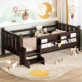 Twin Size Floor Bed with Storage Bookcases, Solid Wood Kids Floor Bed with Cute Stairs and Guardrails, No Box Spring Needed, Espresso