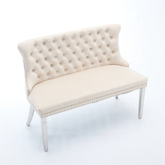 Velvet Double Dining Loveseat Bench, Kitchen & Dining Seating, 2-Seat Tufted Bench w/Handmade Buttons, Wing Back, Brushed Silver Stainless Steel Legs, Mid Century Modern,Single Pack,Beige,SW1702BG