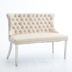 Velvet Double Dining Loveseat Bench, Kitchen & Dining Seating, 2-Seat Tufted Bench w/Handmade Buttons, Wing Back, Brushed Silver Stainless Steel Legs, Mid Century Modern,Single Pack,Beige,SW1702BG