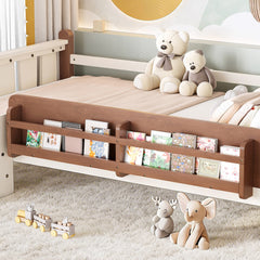 Twin Size Floor Bed with Storage Bookcases, Solid Wood Kids Floor Bed with Cute Stairs and Guardrails, No Box Spring Needed, Beige