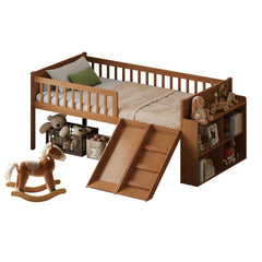 Twin Bed Frame with Storage Shelf, Wooden Bed Frame with Slide and Ladder,Platform Twin Size Bed with Guardrail, No Box Spring Needed, Easy Assembly, Light Walnut
