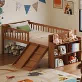 Twin Bed Frame with Storage Shelf, Wooden Bed Frame with Slide and Ladder,Platform Twin Size Bed with Guardrail, No Box Spring Needed, Easy Assembly, Light Walnut