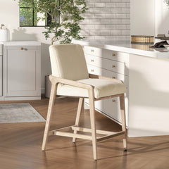 Arizona 25.5" Solid Ash Wood Upholstered Counter Stool with Rope Detail, Crème de la Crème White Faux Fur