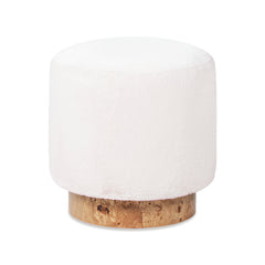 Tilly 16.5" Round Fur Upholstered & Burl Pouf Ottoman, Cottontail White Faux Fur