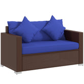 Outsunny Patio Wicker Loveseat with Cushions, 2-Seat Outdoor PE Rattan Couch Sofa with Throw Pillows, for Porch, Backyard, Garden, Poolside, Blue