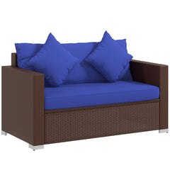 Outsunny Patio Wicker Loveseat with Cushions, 2-Seat Outdoor PE Rattan Couch Sofa with Throw Pillows, for Porch, Backyard, Garden, Poolside, Blue