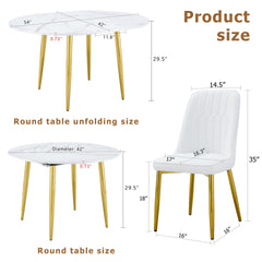 Table and chair set.Extendable MDF Dining Table.The pull-out table is suitable for gatherings of different size.Paired with 4 White PU Chairs with Simple Line Designs On The Backrest.