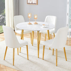 Table and chair set.Extendable MDF Dining Table.The pull-out table is suitable for gatherings of different size.Paired with 4 White PU Chairs with Simple Line Designs On The Backrest.