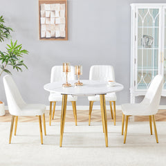 Table and chair set.Extendable MDF Dining Table.The pull-out table is suitable for gatherings of different size.Paired with 4 White PU Chairs with Simple Line Designs On The Backrest.